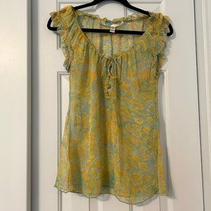 Vintage DVF: Diane von Furstenberg yellow, green, & blue silk blouse, Size 4